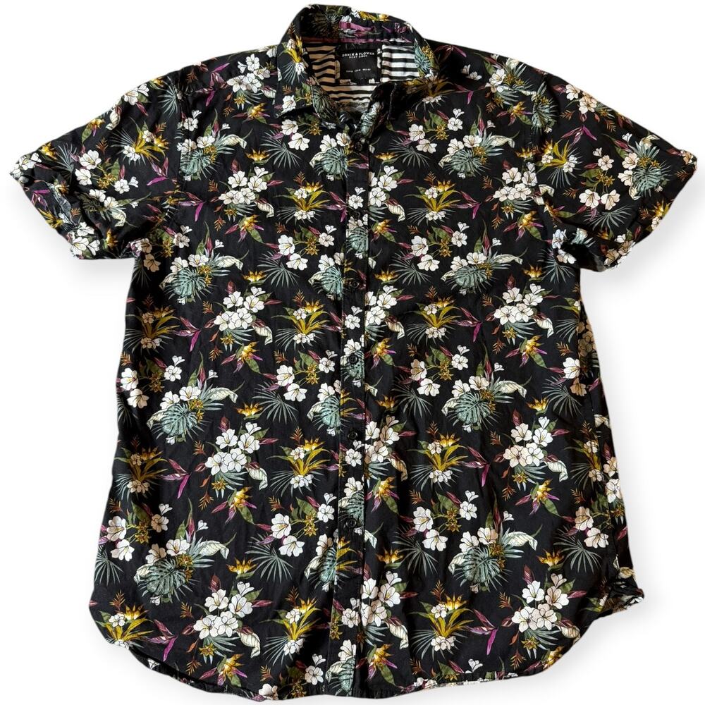 Denim & Flower Ricky Singh SS Button Down Shirt, Black/Floral, Men's Medium